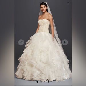 Oleg Cassini petite organza ruffle skirt wedding dress. Ivory/Champagne